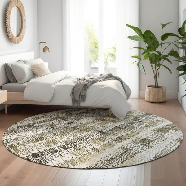HomeRoots 8' Taupe Gray & Ivory Striped Washable Round Rug – UV Protected, Stain-Resistant, Durable Design! 667572