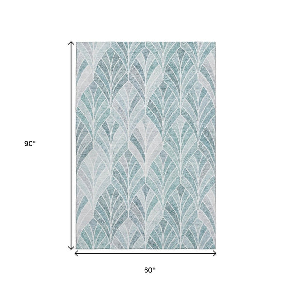 HomeRoots 5' X 8' Aqua & Ivory Geometric Area Rug - Durable, Washable, UV-Protected for Modern Spaces 667577