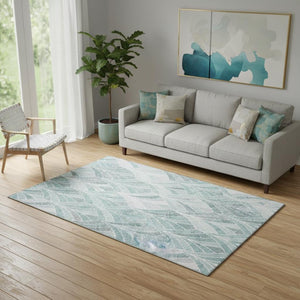 HomeRoots 5' X 8' Aqua & Ivory Geometric Area Rug - Durable, Washable, UV-Protected for Modern Spaces 667577