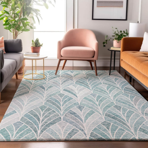 HomeRoots 5' X 8' Aqua & Ivory Geometric Area Rug - Durable, Washable, UV-Protected for Modern Spaces 667577