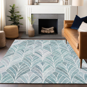 HomeRoots 5' X 8' Aqua & Ivory Geometric Area Rug - Durable, Washable, UV-Protected for Modern Spaces 667577