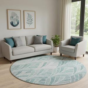 HomeRoots 8' Aqua and Ivory Geometric Round Rug - Washable, UV Protected, Durable, Stylish for Modern Spaces 667578
