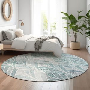 HomeRoots 8' Aqua and Ivory Geometric Round Rug - Washable, UV Protected, Durable, Stylish for Modern Spaces 667578