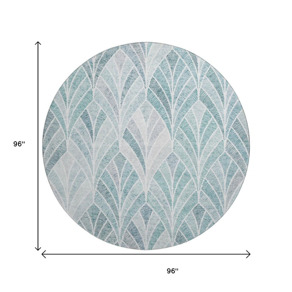 HomeRoots 8' Aqua and Ivory Geometric Round Rug - Washable, UV Protected, Durable, Stylish for Modern Spaces 667578
