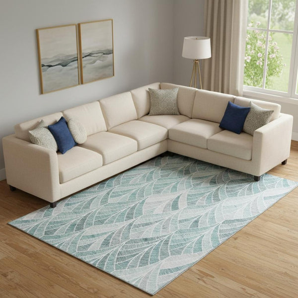 HomeRoots 8' X 10' Aqua & Ivory Geometric Area Rug – Washable, UV-Protected, Durable for Busy Homes 667579