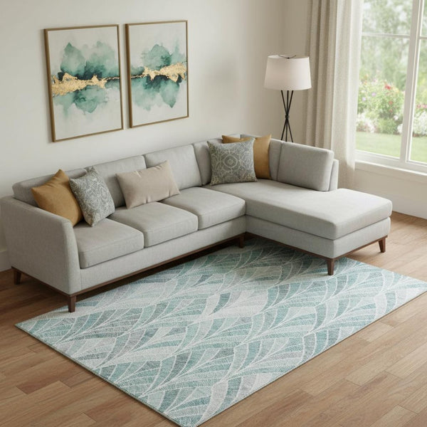 HomeRoots 9' X 12' Aqua & Ivory Geometric Washable Area Rug – Stylish, Durable, UV-Protected for Homes & Patios 667580