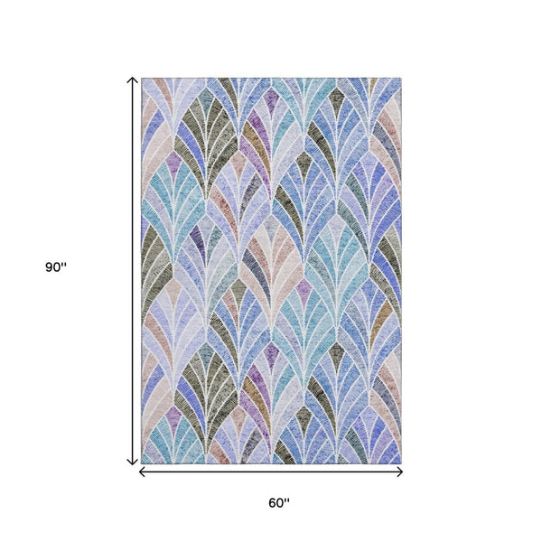 HomeRoots 5' X 8' Geometric Area Rug in Blue, Brown & Blush - Washable, UV-Protected & Kid-Friendly Design 667583