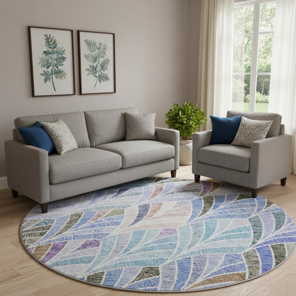 HomeRoots 8' Washable Blue, Brown, and Blush Geometric Round Rug with UV Protection for Modern Homes 667584