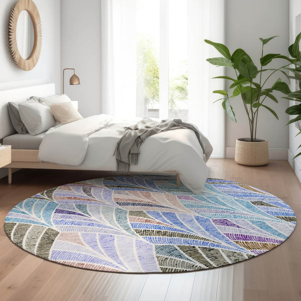HomeRoots 8' Washable Blue, Brown, and Blush Geometric Round Rug with UV Protection for Modern Homes 667584