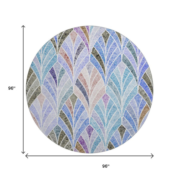 HomeRoots 8' Washable Blue, Brown, and Blush Geometric Round Rug with UV Protection for Modern Homes 667584