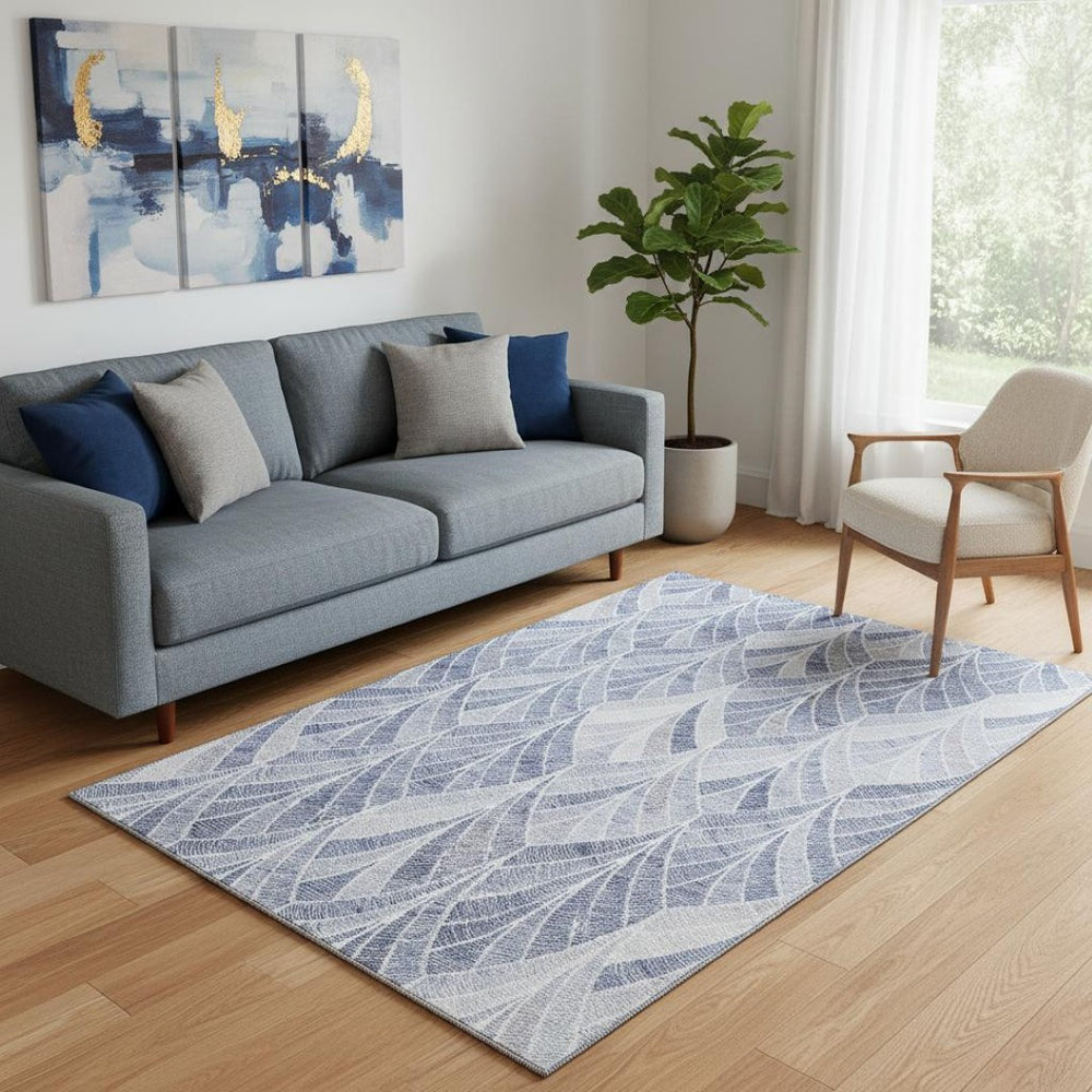HomeRoots 5' X 8' Denim Blue Geometric Area Rug - Washable, Stain-Resistant with UV Protection for Durability 667589