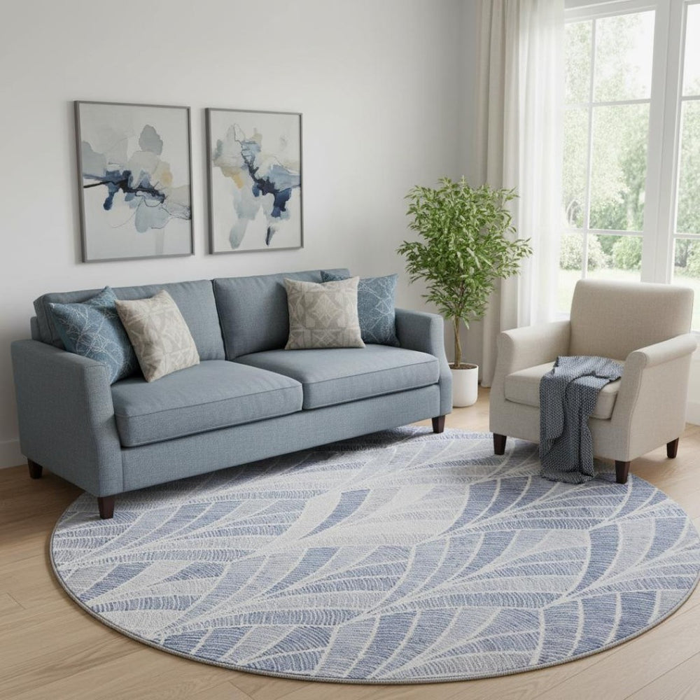 HomeRoots 8' Denim Blue Geometric Round Rug – Stylish, Durable, Stain Resistant with UV Protection for Homes 667590