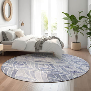 HomeRoots 8' Denim Blue Geometric Round Rug – Stylish, Durable, Stain Resistant with UV Protection for Homes 667590