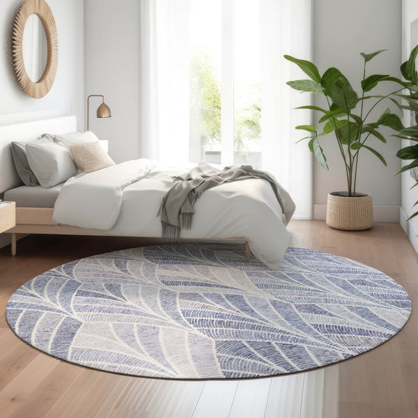 HomeRoots 8' Denim Blue Geometric Round Rug – Stylish, Durable, Stain Resistant with UV Protection for Homes 667590