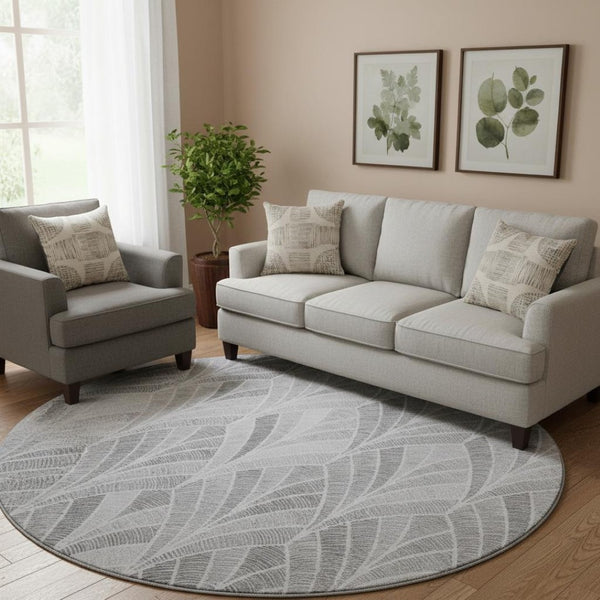HomeRoots 8' Gray and Ivory Geometric Washable Round Rug - Stylish, Durable, and UV-Protected for Every Home 667596