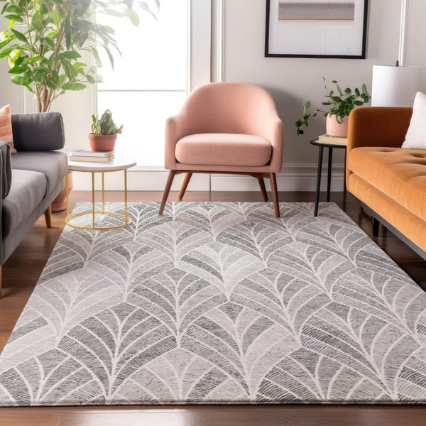 HomeRoots 9' X 12' Gray And Ivory Geometric Washable Area Rug - Modern, UV-Protected, Perfect for Busy Homes! 667598