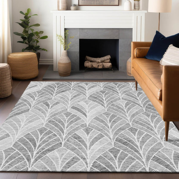 HomeRoots 9' X 12' Gray And Ivory Geometric Washable Area Rug - Modern, UV-Protected, Perfect for Busy Homes! 667598
