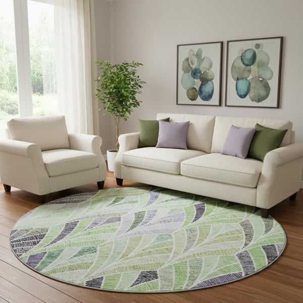 HomeRoots 8' Stylish Green, Purple & Ivory Geometric Washable Round Rug with UV Protection for Any Room 667602