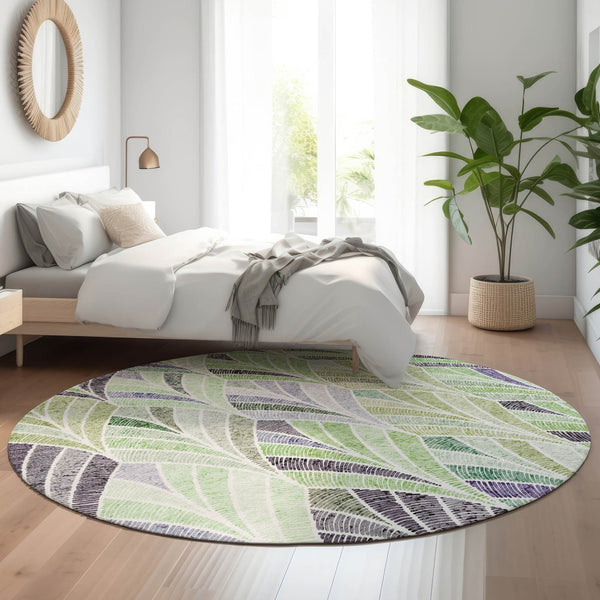 HomeRoots 8' Stylish Green, Purple & Ivory Geometric Washable Round Rug with UV Protection for Any Room 667602