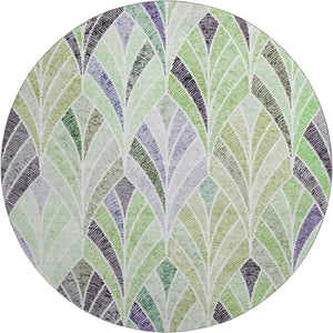 HomeRoots 8' Stylish Green, Purple & Ivory Geometric Washable Round Rug with UV Protection for Any Room 667602