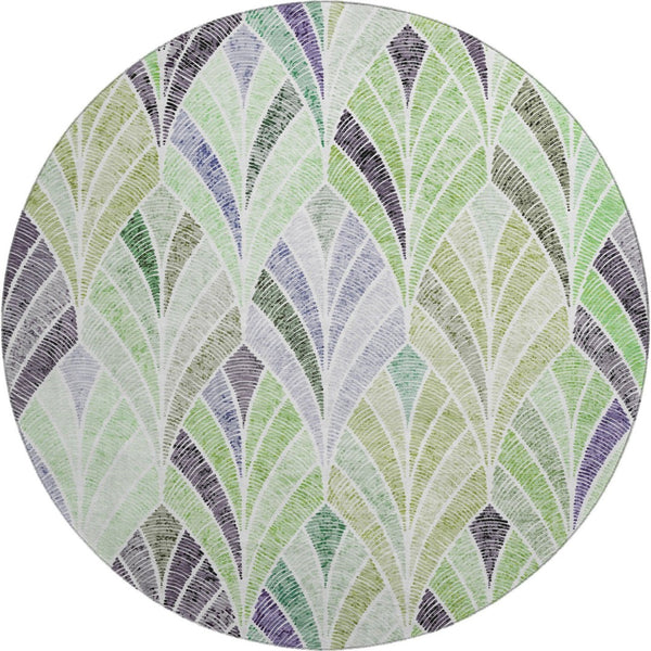 HomeRoots 8' Stylish Green, Purple & Ivory Geometric Washable Round Rug with UV Protection for Any Room 667602