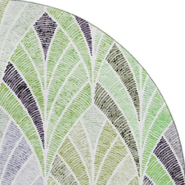 HomeRoots 8' Stylish Green, Purple & Ivory Geometric Washable Round Rug with UV Protection for Any Room 667602