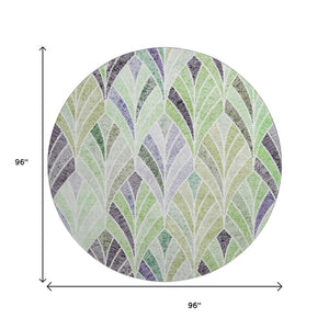 HomeRoots 8' Stylish Green, Purple & Ivory Geometric Washable Round Rug with UV Protection for Any Room 667602