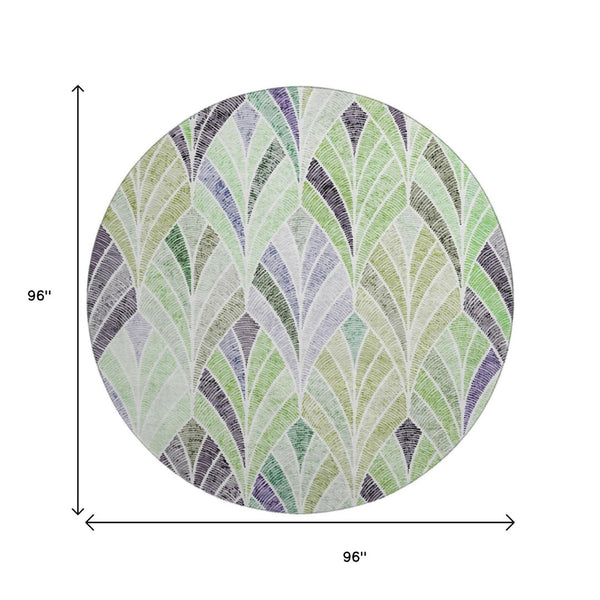 HomeRoots 8' Stylish Green, Purple & Ivory Geometric Washable Round Rug with UV Protection for Any Room 667602
