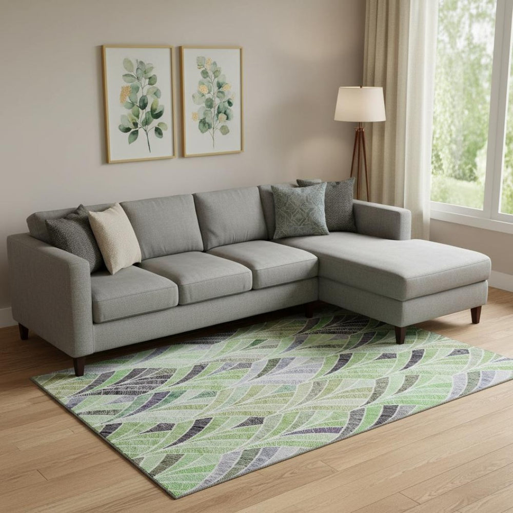 HomeRoots 8' X 10' Geometric Washable Area Rug - Bold Green, Purple & Ivory Design with UV Protection & Stain Resistance 667603