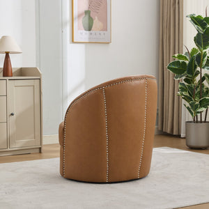 English Elm Light Brown Top-Grain Leather Swivel Accent Chair with 360° Smooth Spin, Rivet Detail, Sturdy 150kg Base W570P386949