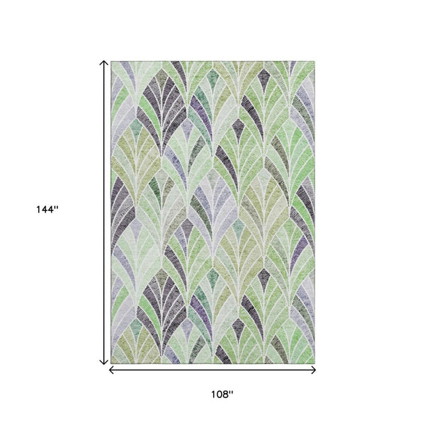 HomeRoots 9' X 12' Geometric Area Rug in Green, Purple & Ivory - Washable, UV Protected & Kid-Friendly 667604