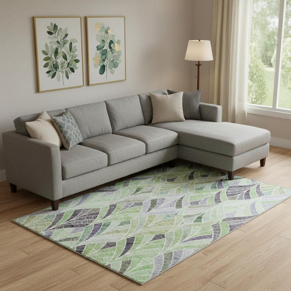 HomeRoots 10' Geometric Washable Area Rug in Green, Purple & Ivory - UV Protected, Pet-Friendly, Easy Care 667605
