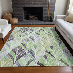 HomeRoots 10' Geometric Washable Area Rug in Green, Purple & Ivory - UV Protected, Pet-Friendly, Easy Care 667605