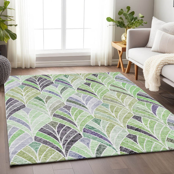 HomeRoots 10' Geometric Washable Area Rug in Green, Purple & Ivory - UV Protected, Pet-Friendly, Easy Care 667605