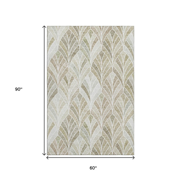 HomeRoots 5' X 8' Khaki Beige & Ivory Geometric Area Rug - Washable, UV Protected, Durable & Easy Care Design 667607