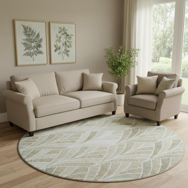 HomeRoots 8' Khaki Beige & Ivory Geometric Round Rug – Washable, UV Protected, Perfect for Family Spaces! 667608