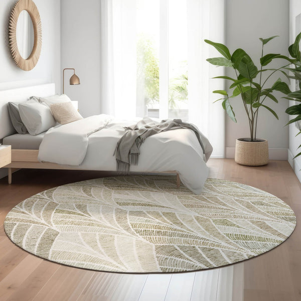 HomeRoots 8' Khaki Beige & Ivory Geometric Round Rug – Washable, UV Protected, Perfect for Family Spaces! 667608