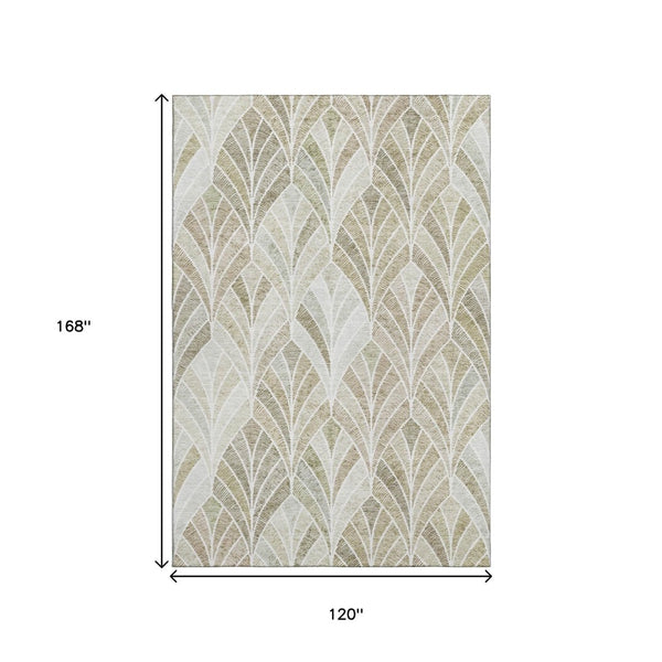 HomeRoots 10' Khaki Beige and Ivory Geometric Area Rug - Stylish, Washable, UV-Protected for Modern Homes 667611