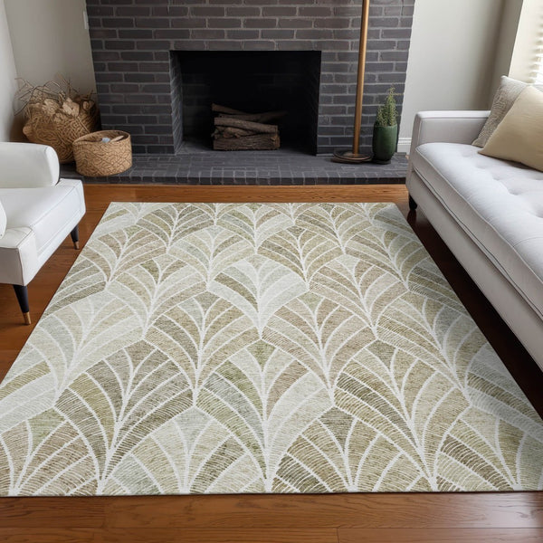 HomeRoots 10' Khaki Beige and Ivory Geometric Area Rug - Stylish, Washable, UV-Protected for Modern Homes 667611