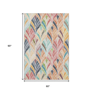 HomeRoots 5' X 8' Vibrant Orange, Gold & Blue Geometric Washable Area Rug with UV Protection for Modern Homes 667613