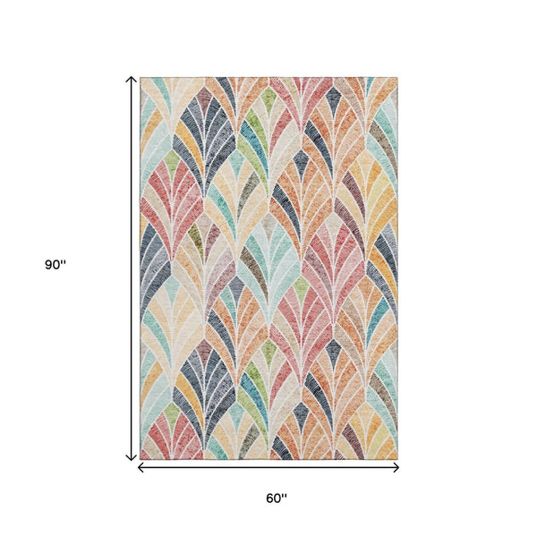 HomeRoots 5' X 8' Vibrant Orange, Gold & Blue Geometric Washable Area Rug with UV Protection for Modern Homes 667613