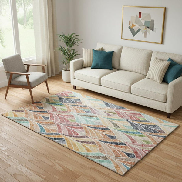 HomeRoots 5' X 8' Vibrant Orange, Gold & Blue Geometric Washable Area Rug with UV Protection for Modern Homes 667613