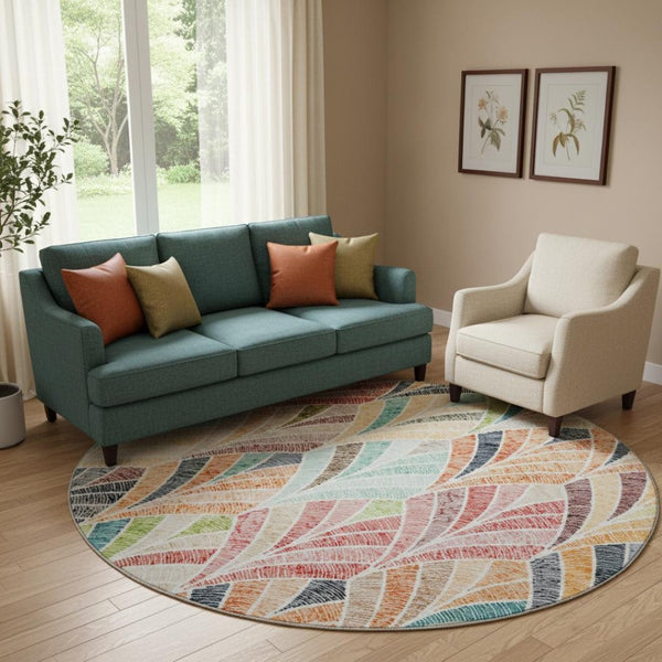 HomeRoots 8' Vibrant Orange, Gold & Blue Geometric Washable Round Rug with UV Protection for Modern Spaces 667614
