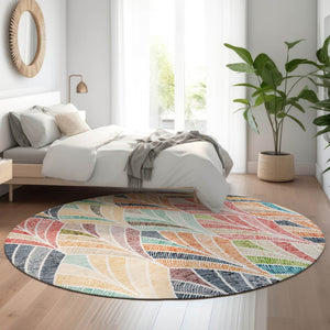HomeRoots 8' Vibrant Orange, Gold & Blue Geometric Washable Round Rug with UV Protection for Modern Spaces 667614