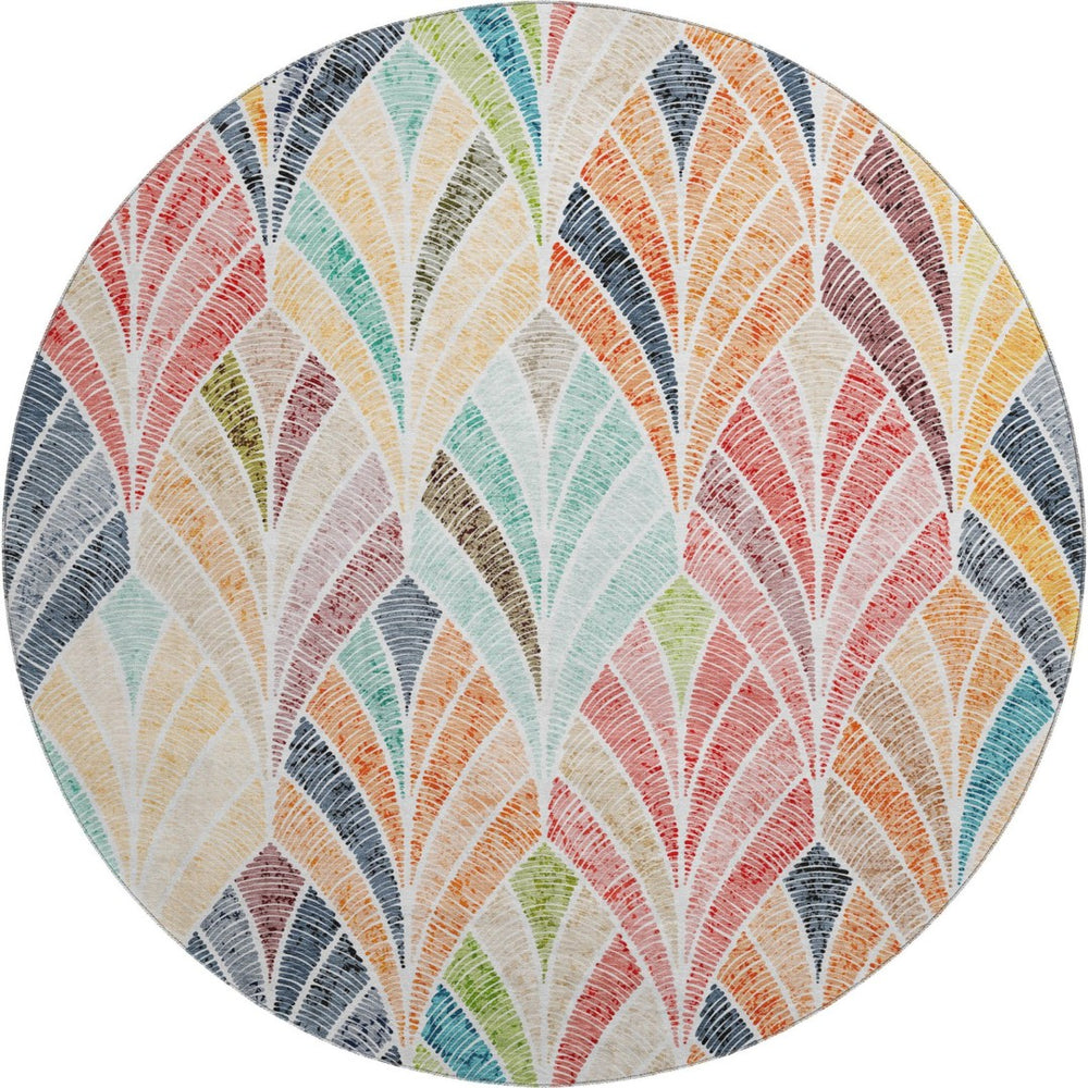 HomeRoots 8' Vibrant Orange, Gold & Blue Geometric Washable Round Rug with UV Protection for Modern Spaces 667614