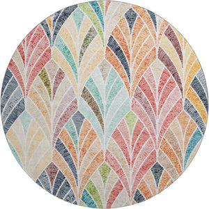 HomeRoots 8' Vibrant Orange, Gold & Blue Geometric Washable Round Rug with UV Protection for Modern Spaces 667614