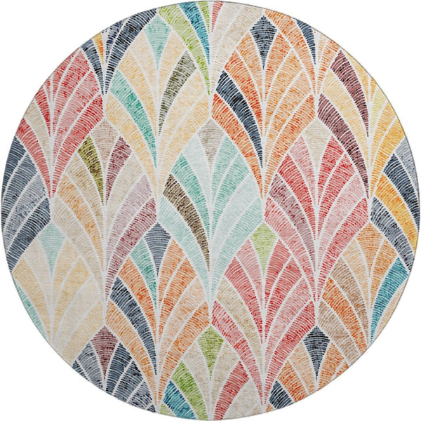 HomeRoots 8' Vibrant Orange, Gold & Blue Geometric Washable Round Rug with UV Protection for Modern Spaces 667614