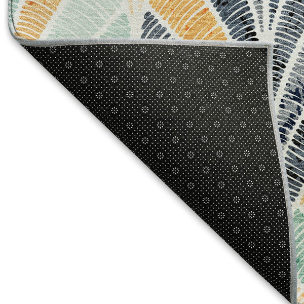 HomeRoots 8' Vibrant Orange, Gold & Blue Geometric Washable Round Rug with UV Protection for Modern Spaces 667614