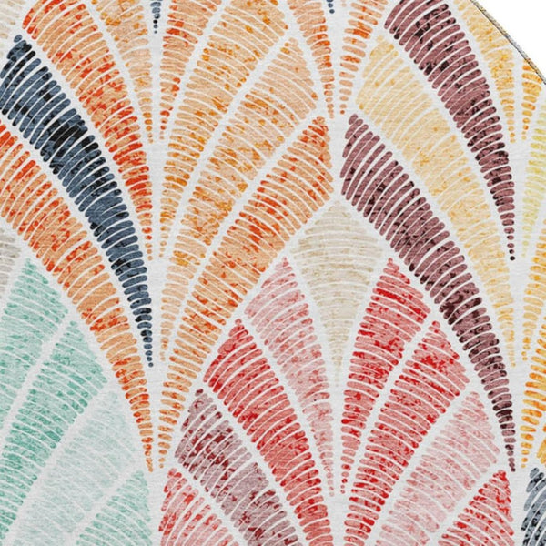 HomeRoots 8' Vibrant Orange, Gold & Blue Geometric Washable Round Rug with UV Protection for Modern Spaces 667614
