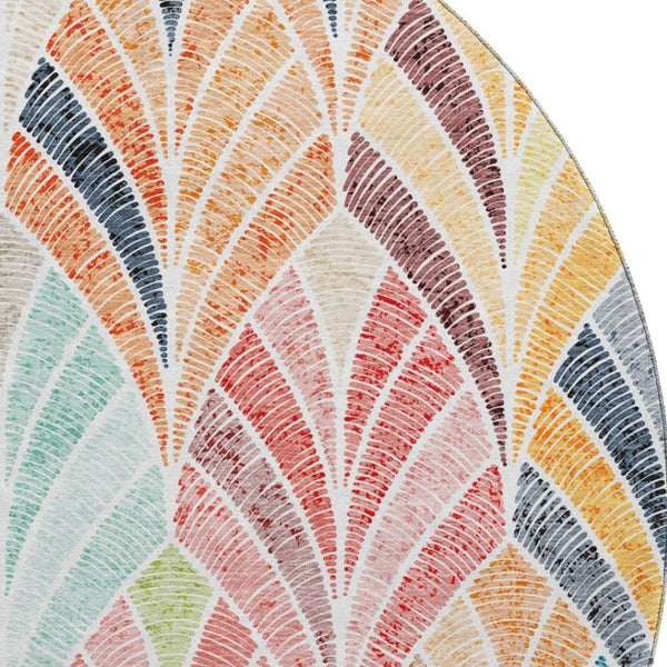 HomeRoots 8' Vibrant Orange, Gold & Blue Geometric Washable Round Rug with UV Protection for Modern Spaces 667614